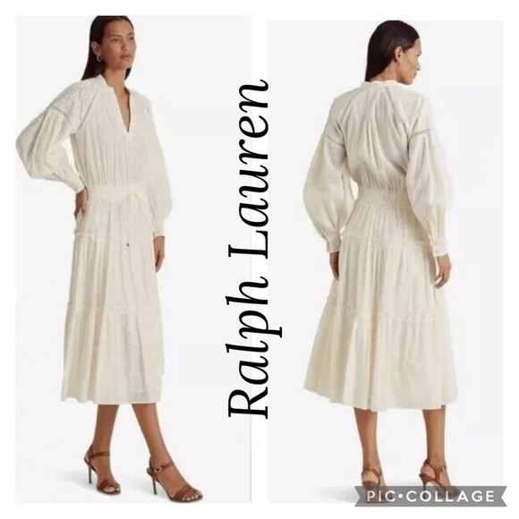 NWT Lauren Ralph Lauren Shadow-Stripe Cotton Tiered Dress Winter Cream Size 16